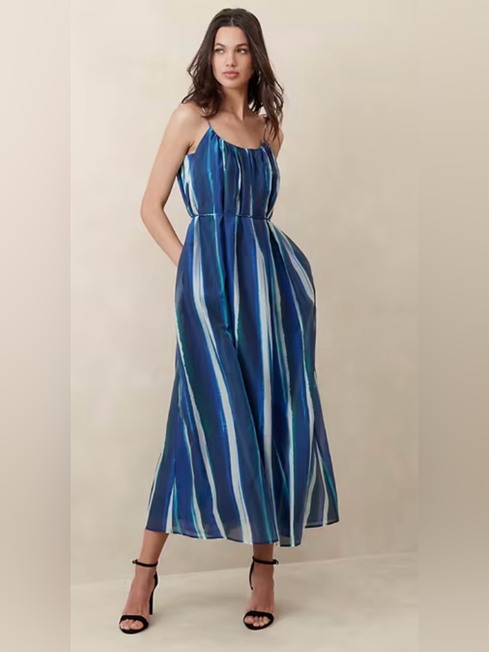 NWT, Size Medium Banana Republic Navy and Teal Striped Sleeveless Maxi Dress